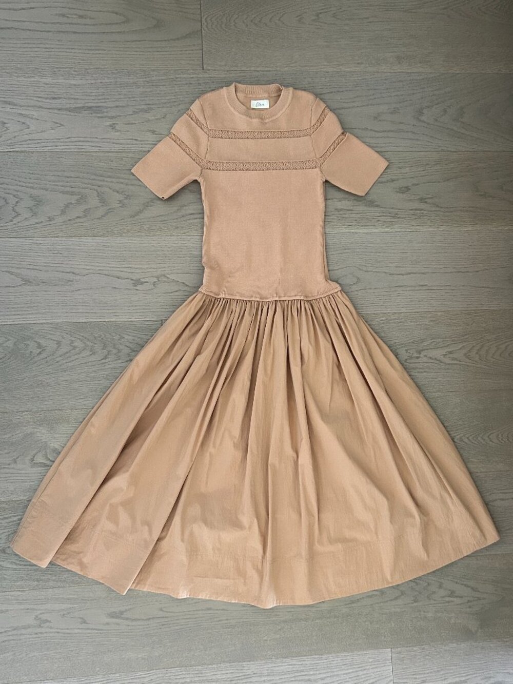 Elan Tan Mixed Media Knit Lace Drop Waist Midi Dress, Size S